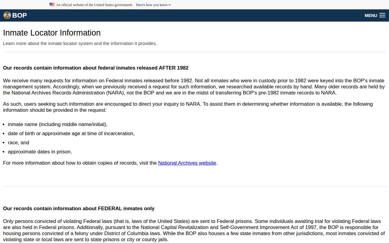 Federal Bureau of Prisons release locator coverage and status explanation