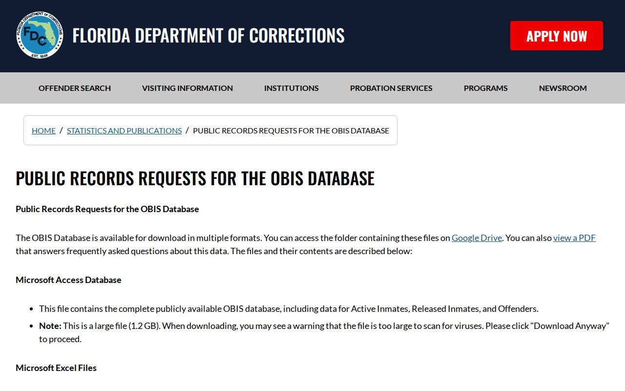 Florida Department of Corrections OBIS historical release archive