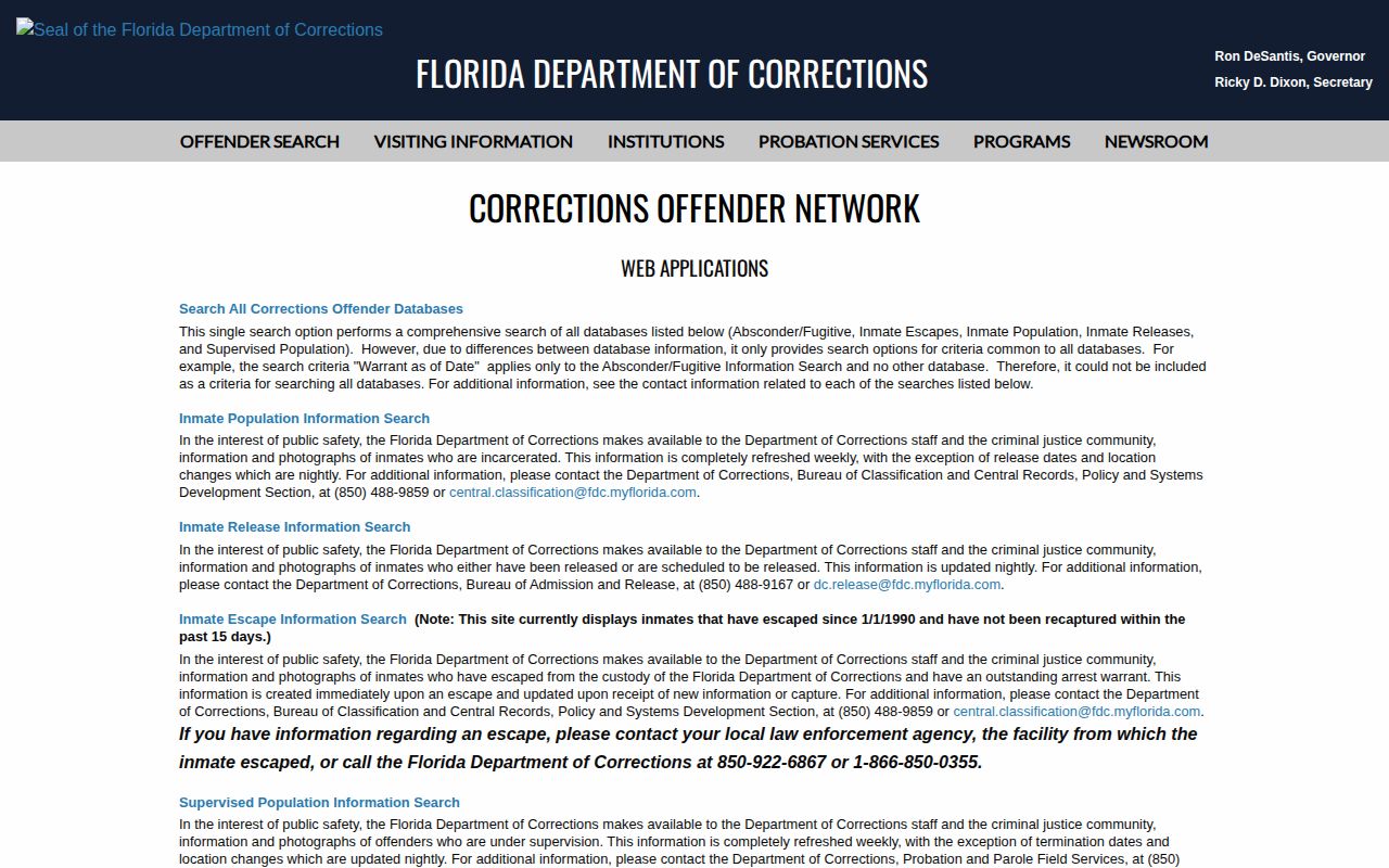 Florida FDC search categories for Sarasota County released inmates