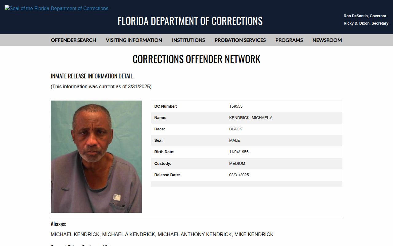 Sarasota County released inmate mugshot example in FDC records