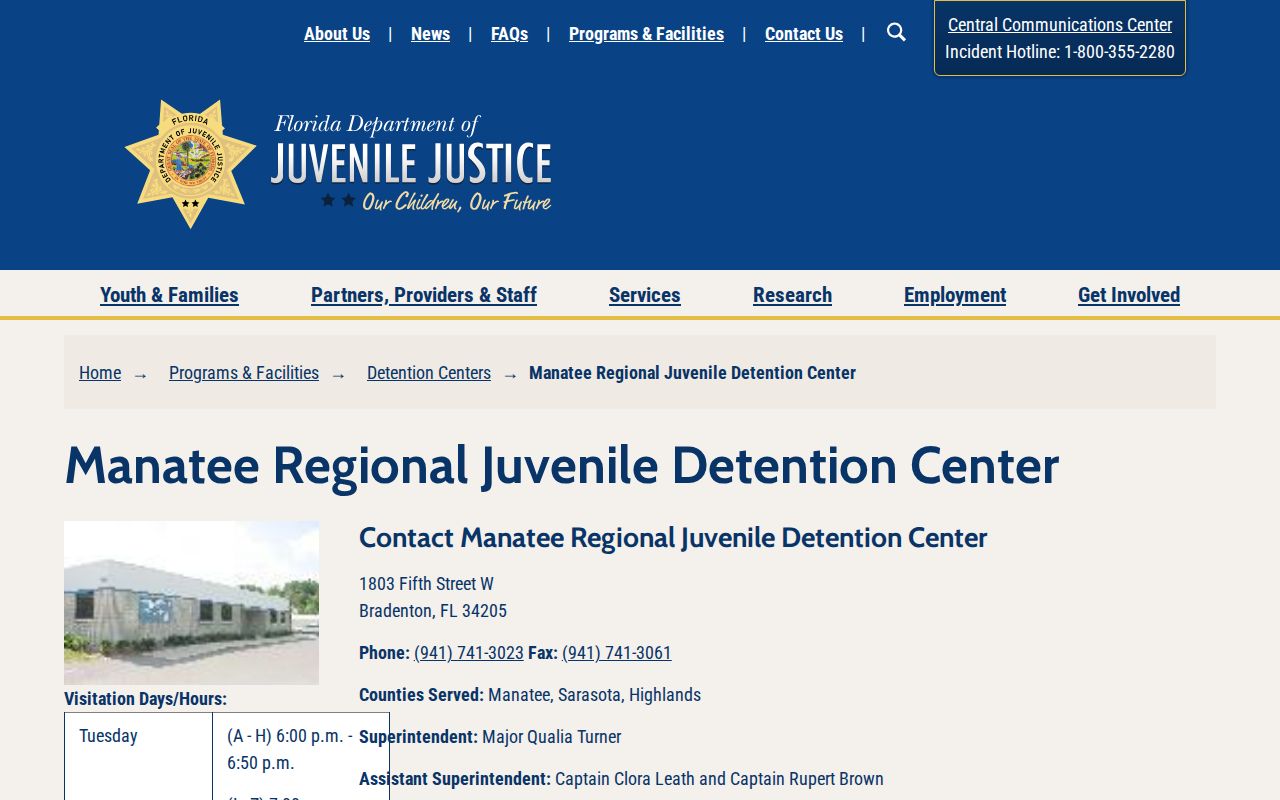 Manatee Regional Juvenile Detention Center youth release contact page