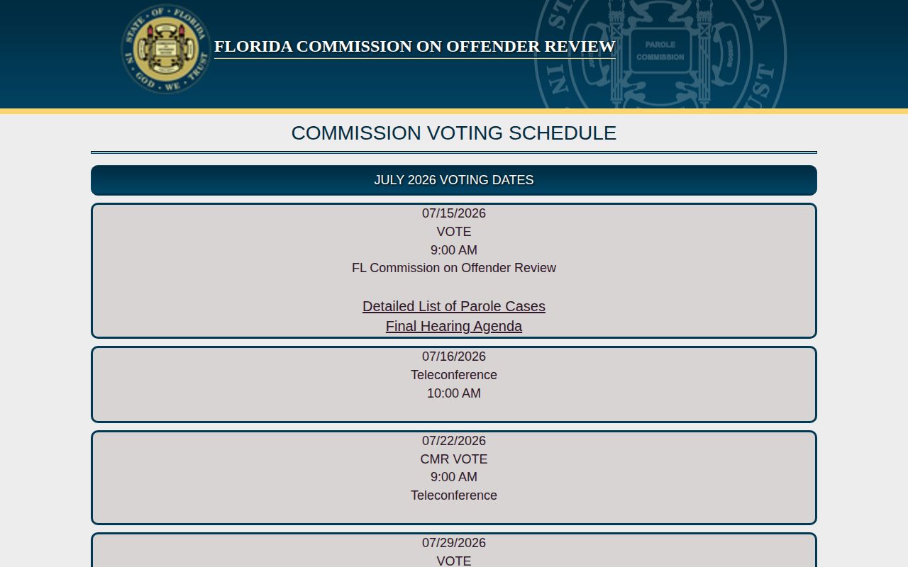 Sarasota County parole and probation FCOR hearing schedule