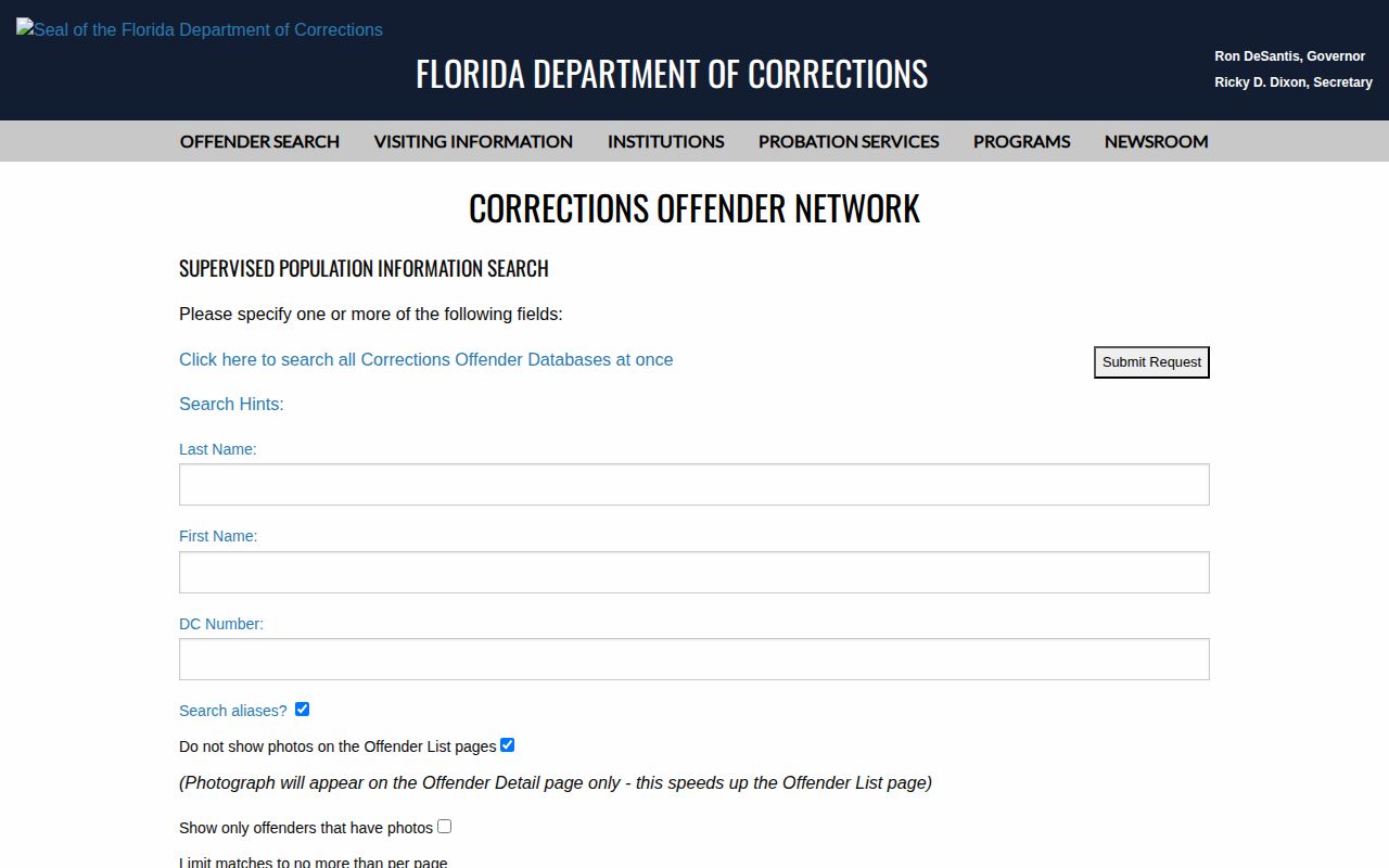 Sarasota County parole and probation supervised population search
