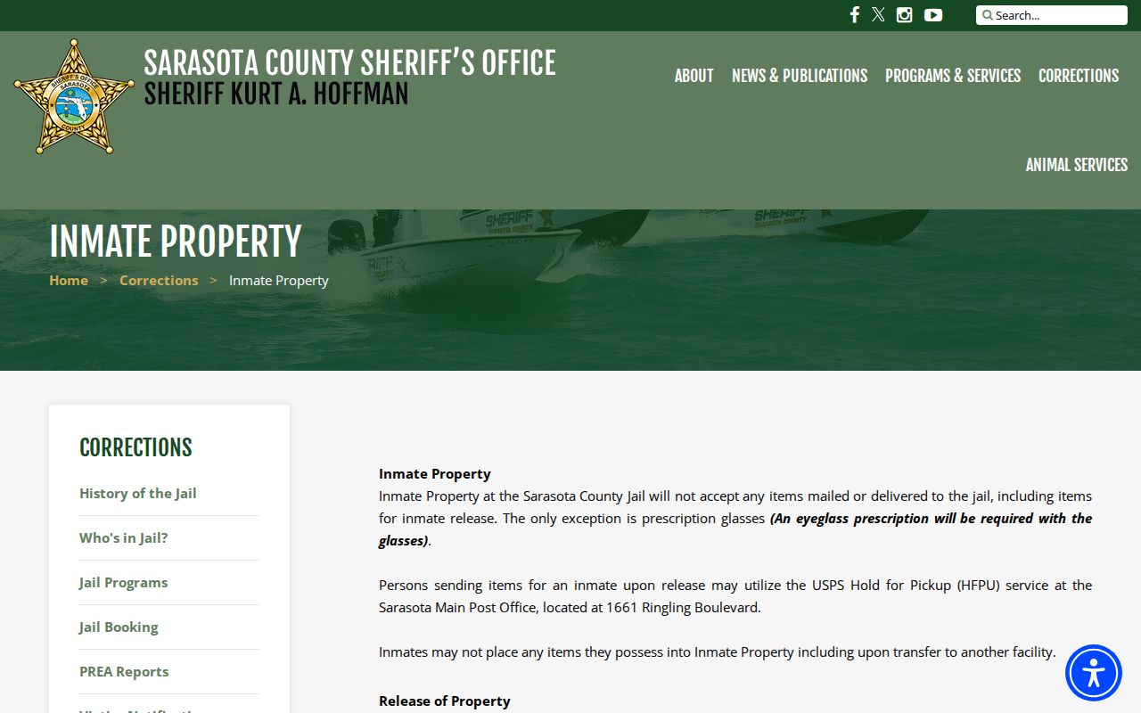 Sarasota County Correctional Facility property release rules